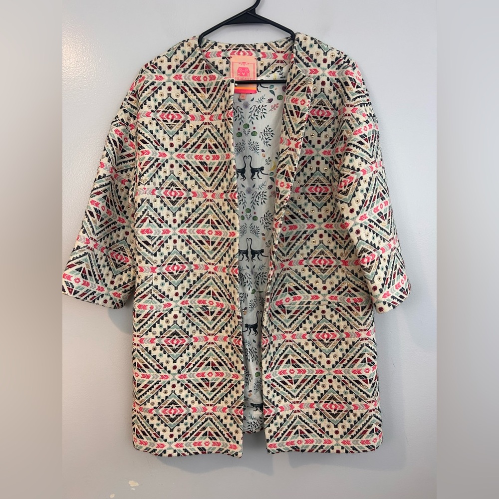 Vilagallo Pink/Metallic Aztec Embroidered Midi Open Front Jacket Size 38 Medium